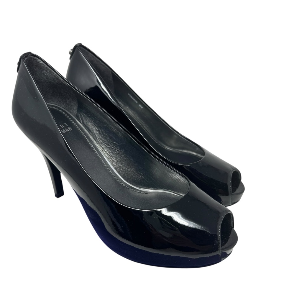 Stuart Weitzman Sierra Black Patent Leather Peep Toe Heels Sz 8